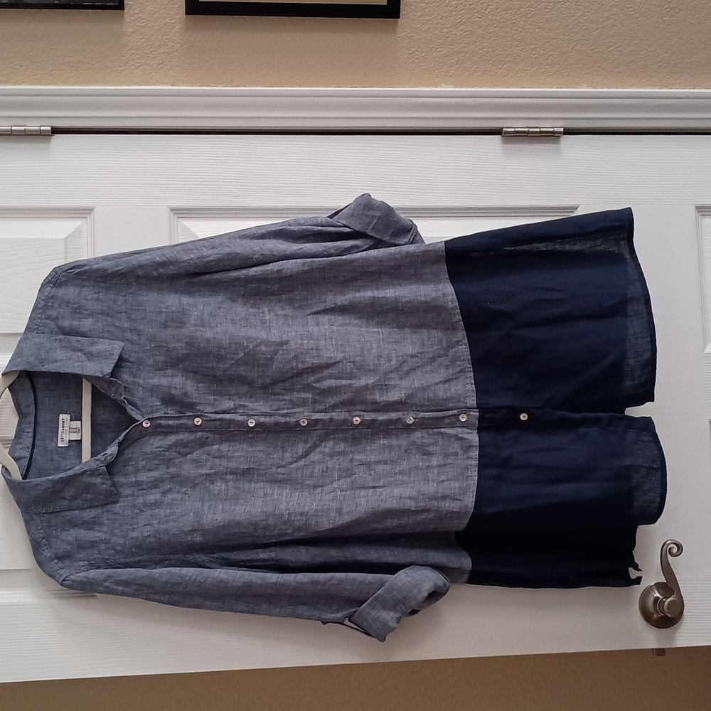 Artisan NY Size 1X Linen Blue Color Block  Button-Up Blouse (b333)